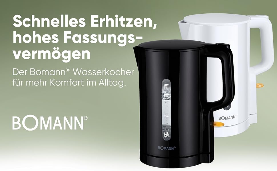 Електричний чайник Bomann WK 6090 CB (1,7л, 2200W, білий) з нержавіючої сталі, BPA Free, з індикатором рівня води та захистом від перегріву