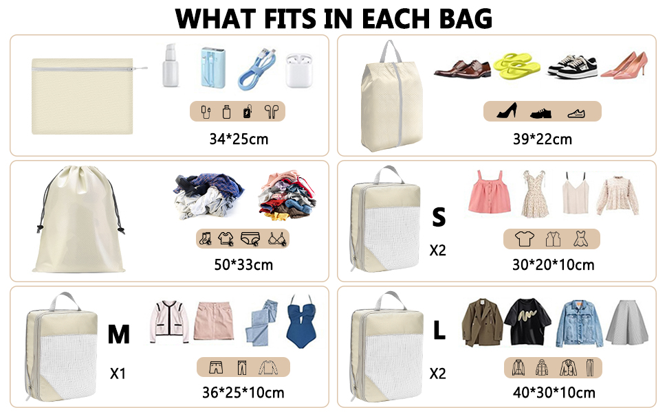 Набір органайзерів для валізи POWZOO (8 шт.) - компресійні кубики для одягу та взуття, бежевий