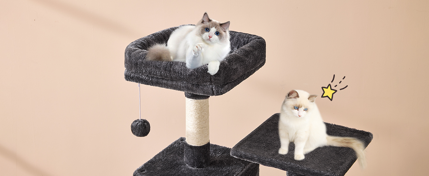 Кігтеточка для котів MSmask велика, багатоповерхова з платформами, печерами та гамаком, обтягнута сизалем (темно-сіра)