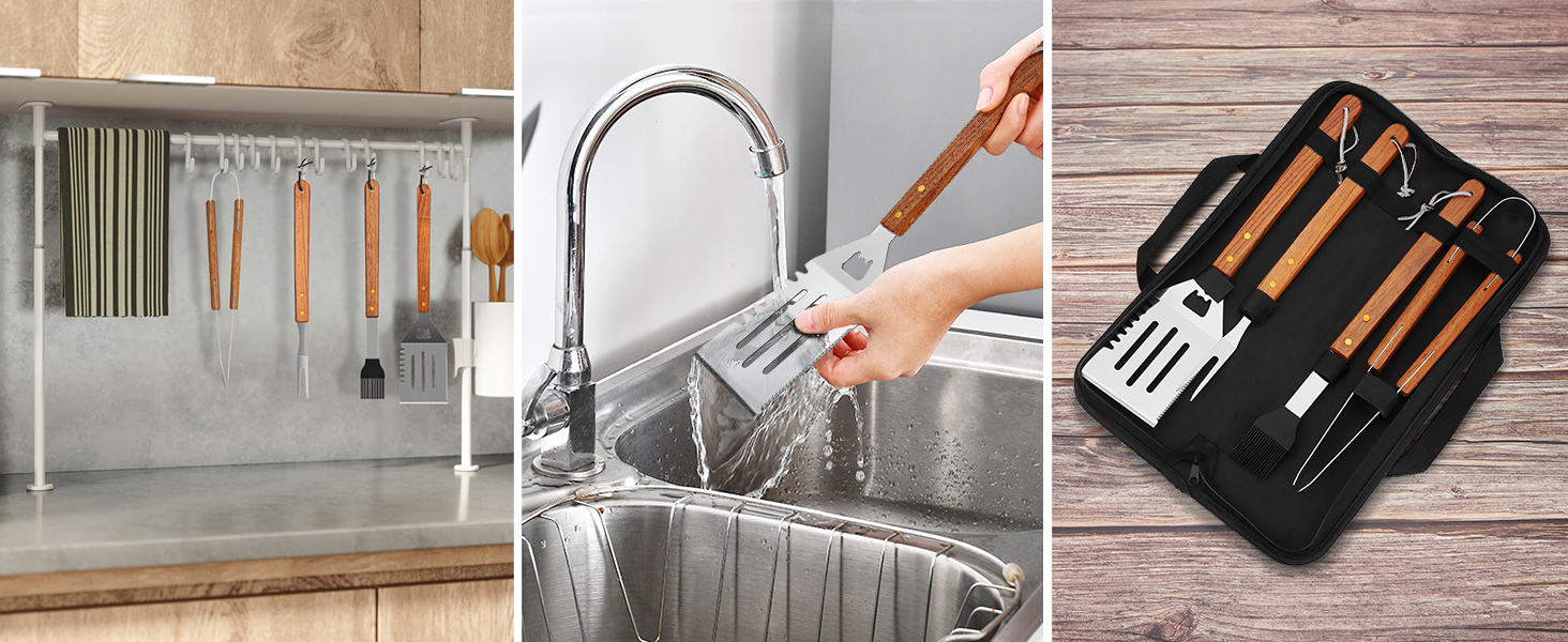 Набір аксесуарів для гриля 4 шт. з високоякісним гриль-посудом (щипці, лопатка, виделка, щітка та сумка) для приготування їжі на задньому дворі, кемпінгу та відпочинку на природі. Ідеальний подарунок для чоловіків.