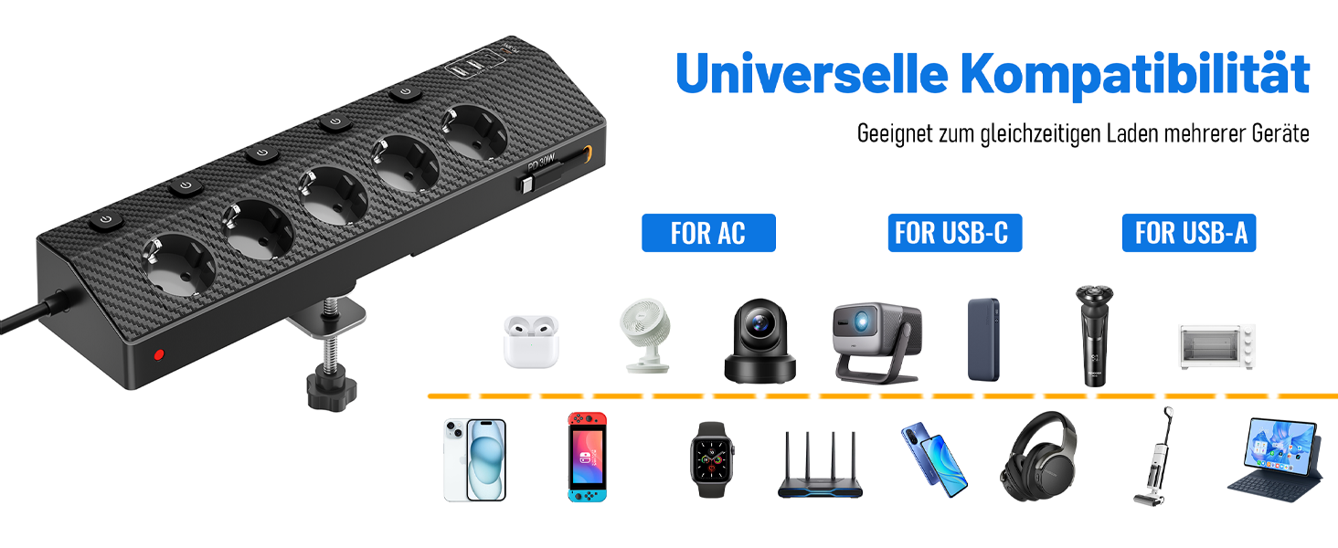 Мережевий адаптер PASSUS з 5 розетками, 2 USB-C (PD 30W), захист від перенапруги, індивідуальне вмикання, 10-в-1, з кабелем 2м, для офісу, чорний