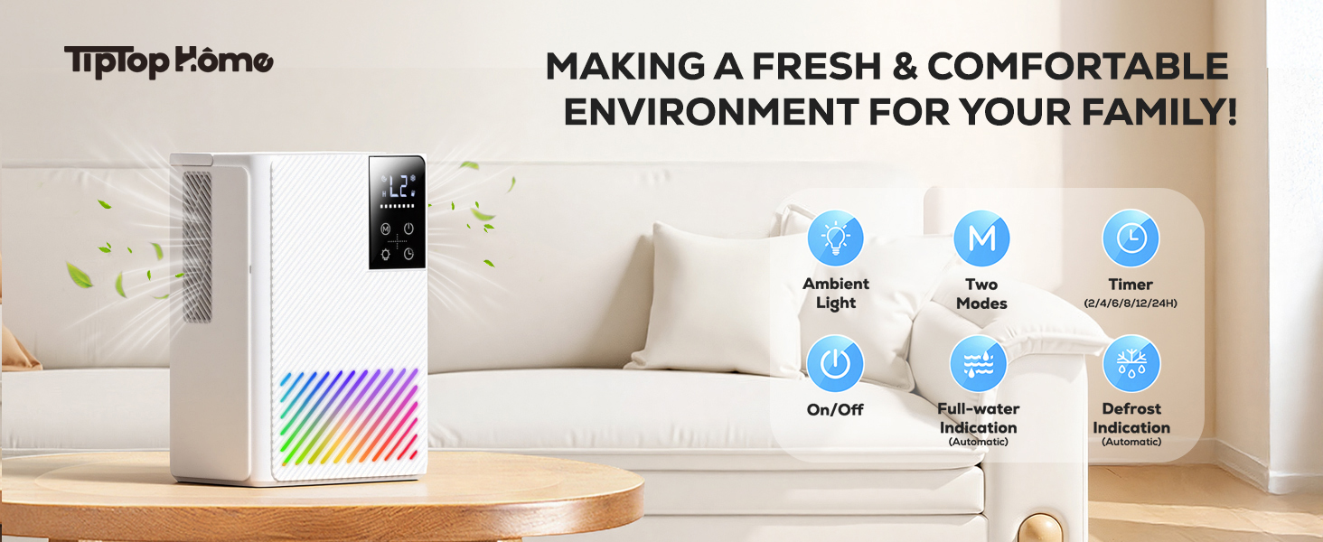 Електричний осушувач повітря, тихий, 2500 мл з LED дисплеєм, таймером та функцією відтавання, 7 кольорів підсвічування, для дому, спальні, ванної кімнати