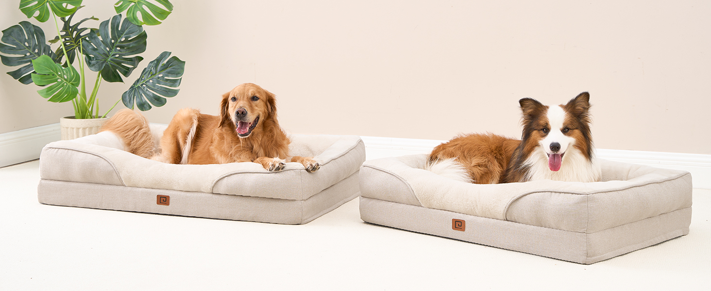 Orthopedic Dog Bed for Large Dogs, Memory Foam, Washable and Waterproof Dog Basket with 4 Sides, Dog Sofa Dog Couch, Non-Slip, 106.5x76x18.5 cm (91 x 68 x 17.5 cm (L x W x H), Beige)