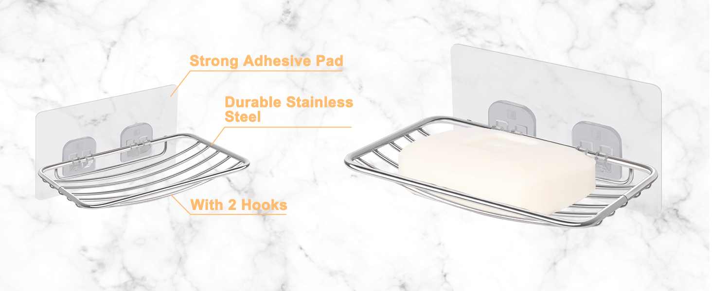 Тримач для мила без свердління Uten, нержавіюча сталь, самоклеючий з 2 гачками, для душу, ванної, кухні (сріблястий)