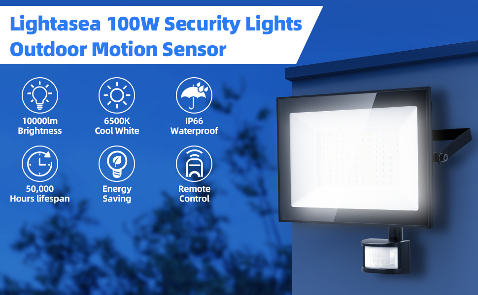 Світлодіодний прожектор Lightasea 100 Вт з датчиком руху, 10000 Лм, IP66, холодне біле світло 6500K, пульт ДУ, для вулиці, саду, гаража