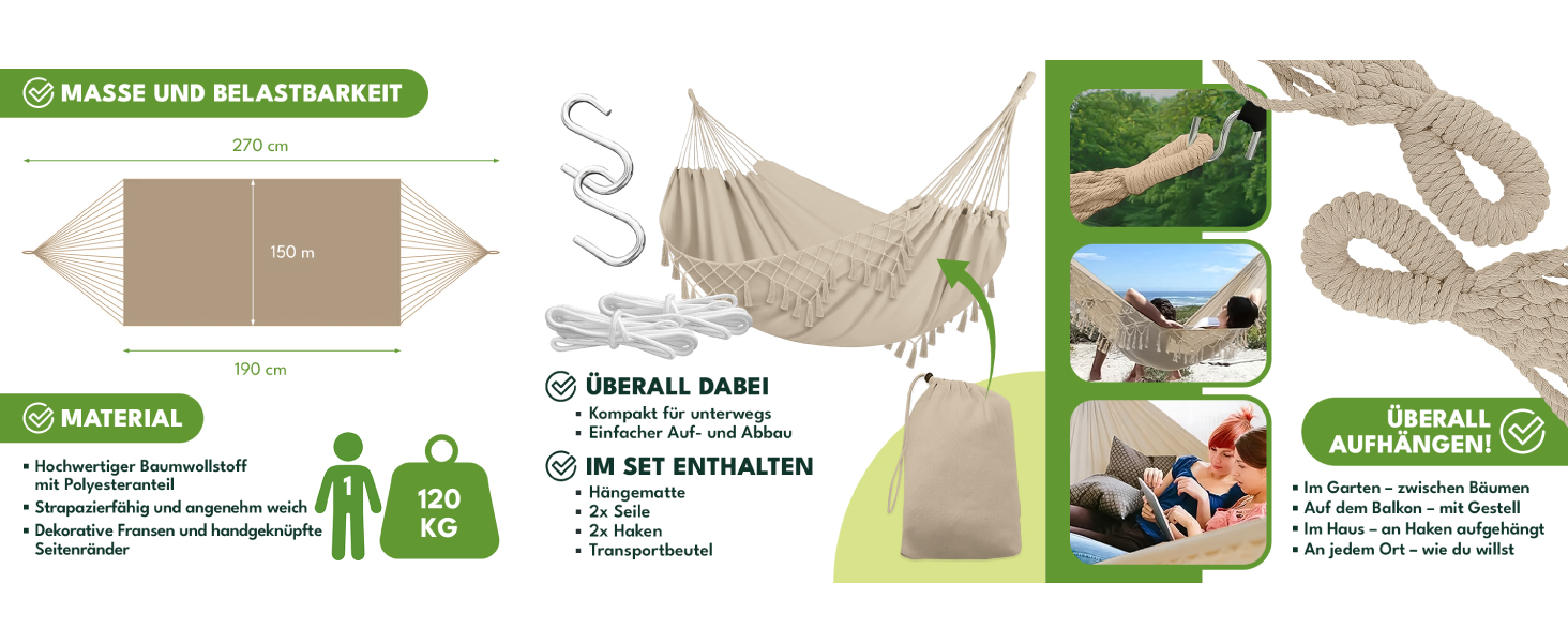 Гамак KRUMAD 260 см, до 250 кг, вологостійкий, бавовна-поліестер, для саду, балкону, кемпінгу, з дерев'яними розпірками та сумкою (Бежевий, 150x200 см)
