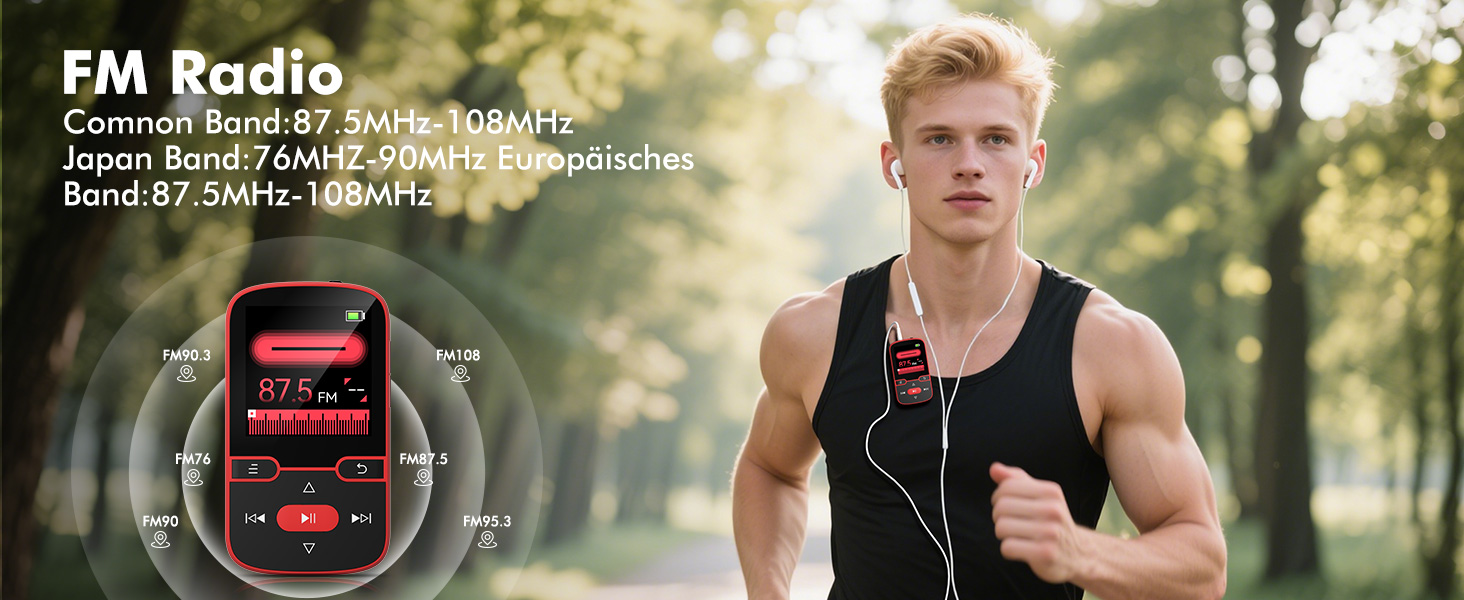 MP3 плеєр 64GB Bluetooth 5.3 з кліпсою, Hi-Fi, для спорту, з FM-радіо, диктофоном, крокоміром, підтримка картки до 128GB, червоний