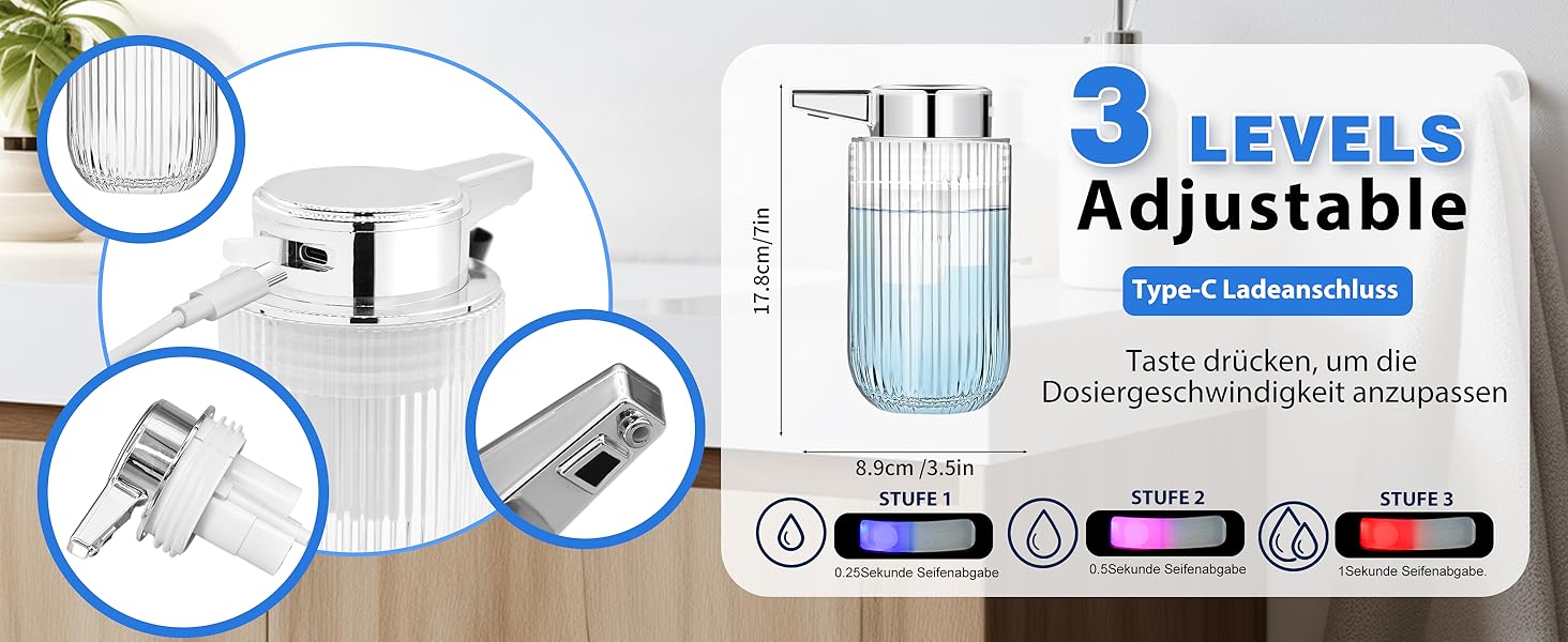 Автоматичний безконтактний диспенсер для мила на 300 мл з рожевого скла, перезаряджуваний, без дотиків, з електричним сенсором, для дому та офісу