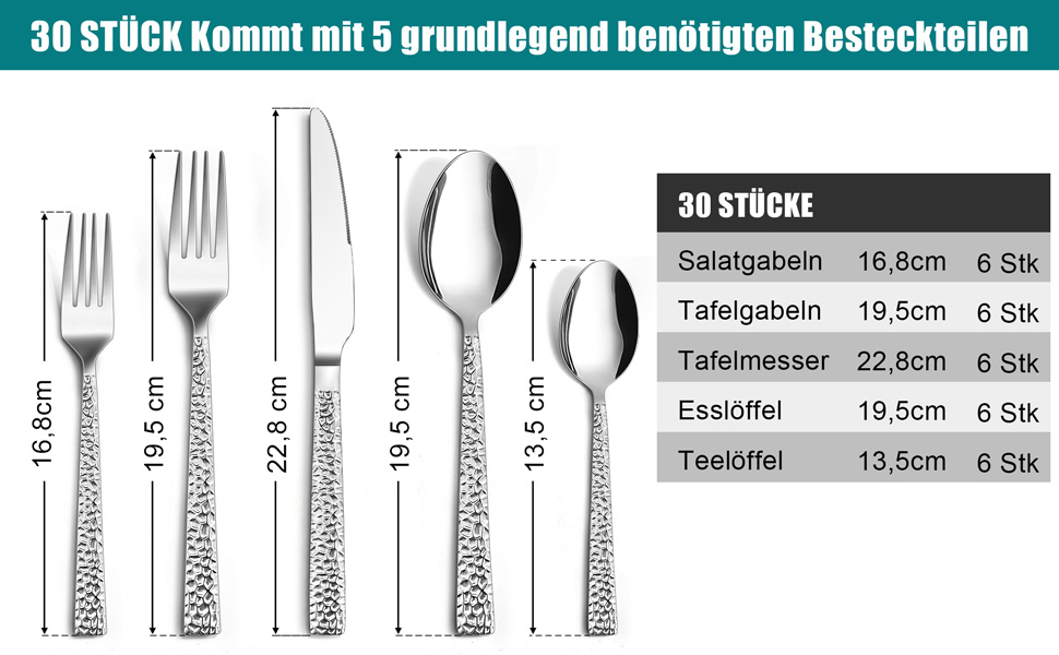 Набір столових приборів TEAMFAR, 30 предметів, нержавіюча сталь, полірована, для 6 осіб. Ідеально для дому, ресторану, вечірки. Сучасний набір з ножем, виделкою, ложкою. Безпечний, можна мити в посудомийній машині.