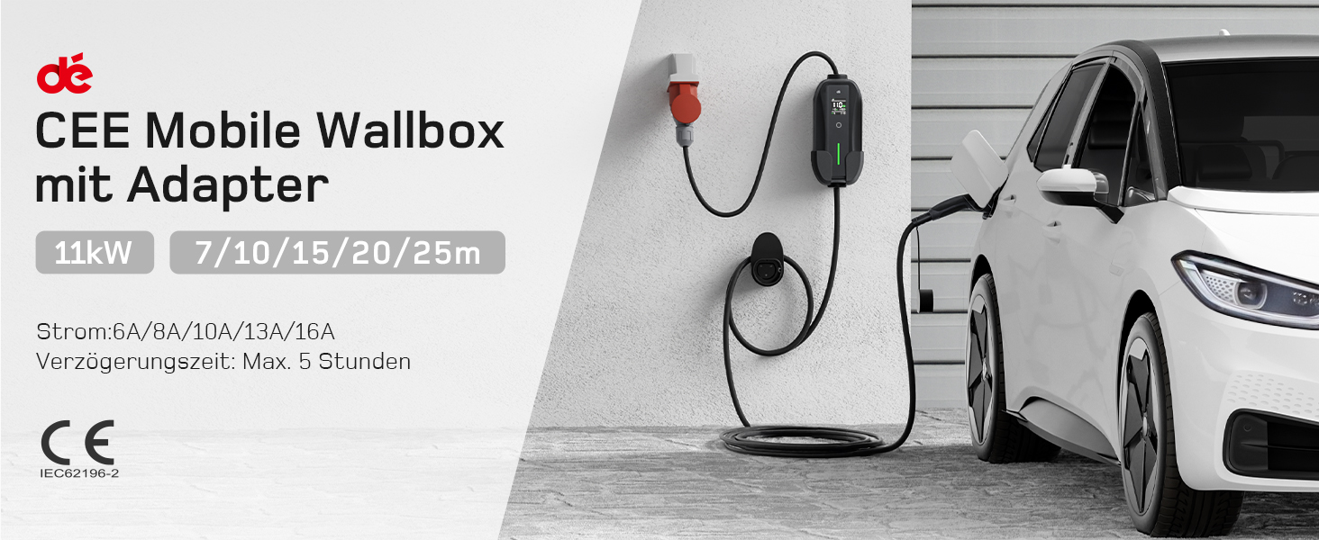 Мобільна зарядна станція для електромобілів Dé 11 кВт (3 фази, 7м, 6-16A) з регулюванням потужності, кабель CEE 16A на Typ 2, сумісна з Model Y/3, ID.3/4/5, MG4, EX30, e-up, e-tron, Zoe та іншими електромобілями