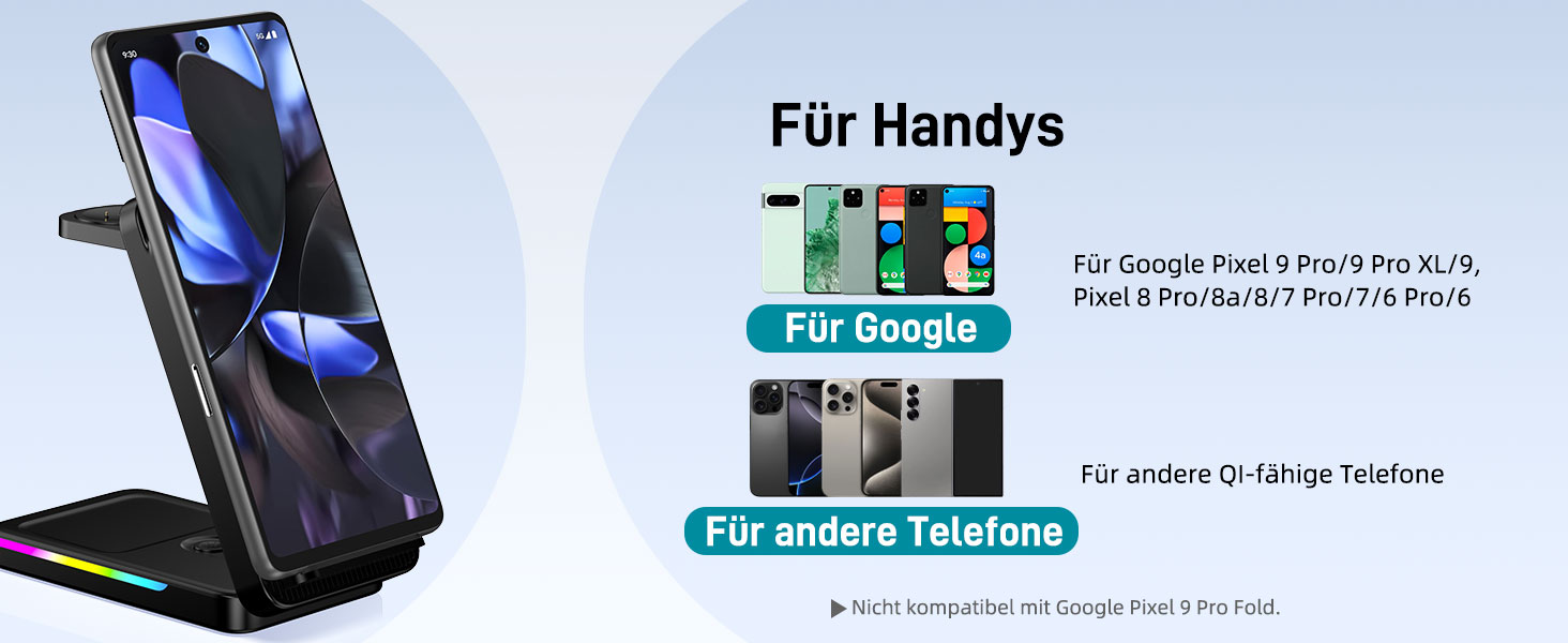 Зарядна станція індуктивна 3-в-1 для Google Pixel Watch 3/2, Pixel 10/9/9 Pro/8/8a/7 та Pixel Buds Pro 2 (складна, бездротова)