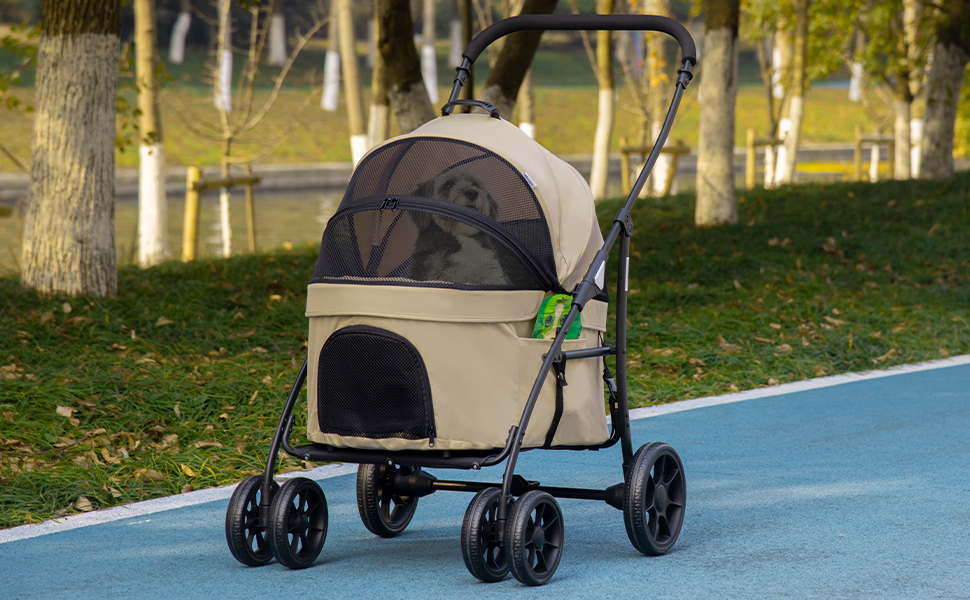 Візок для тварин PawHut 2-в-1: для собак і котів, з відкидною люлькою, сталевий, до 10 кг, 81 x 68 x 98,5 см, Хакі
