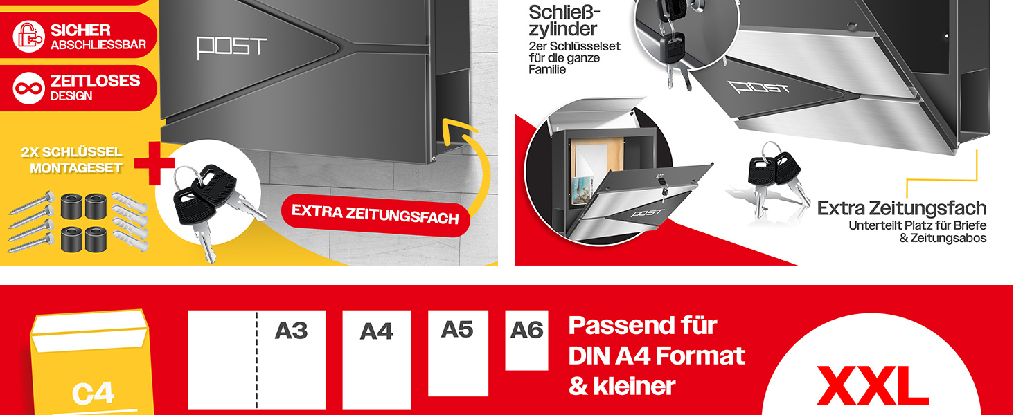 Поштовий ящик KESSER з газетницею, нержавіюча сталь, сріблясто-антрацитовий, з 2 ключами, настінний, з м'яким закриттям кришки, з кріпленням