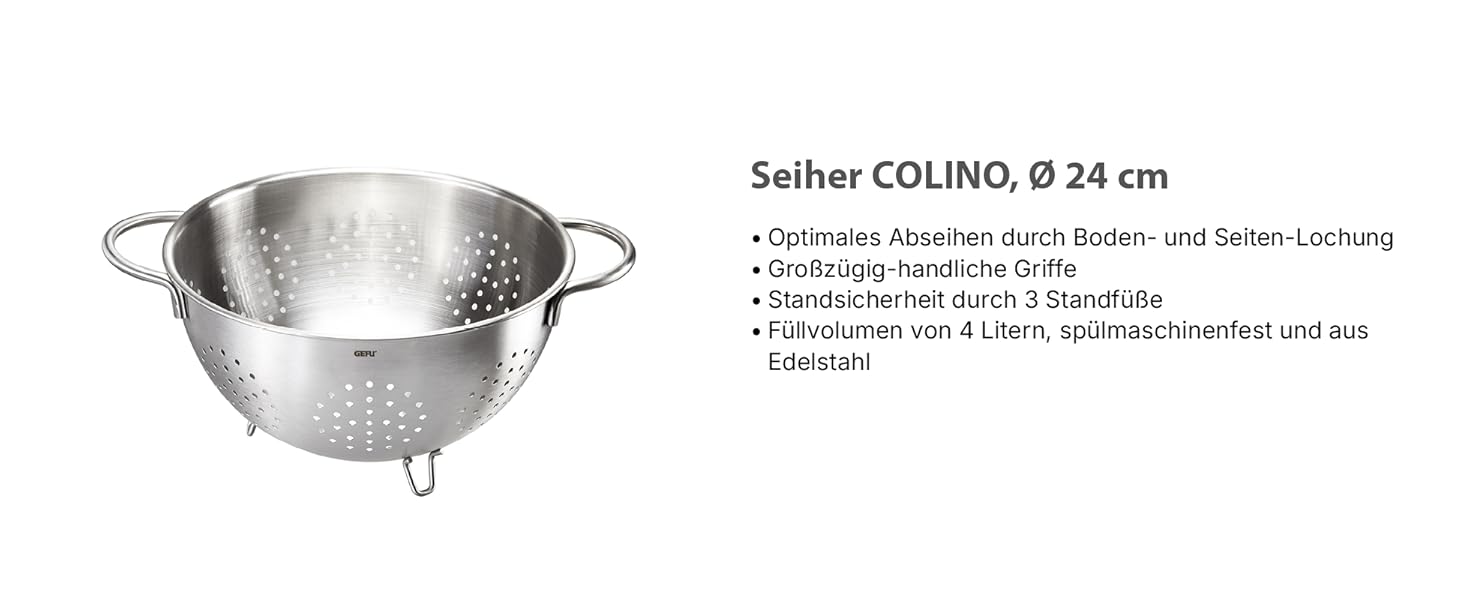 Дуршлаг GEFU Colino Ø24 см з ніжками, нержавіюча сталь, для кухні, для макаронів, можна мити в посудомийній машині