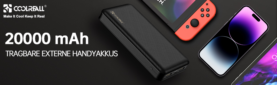 Powerbank CoolReall 20000 mAh: портативний зарядний пристрій з USB-C (вхід/вихід) та 2 USB, чорний