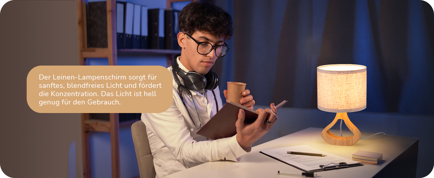 Дерев'яна приліжкова лампа EDISHINE з абажуром з льону, E27, для вітальні, спальні, в стилі кантрі [Енергоклас F]