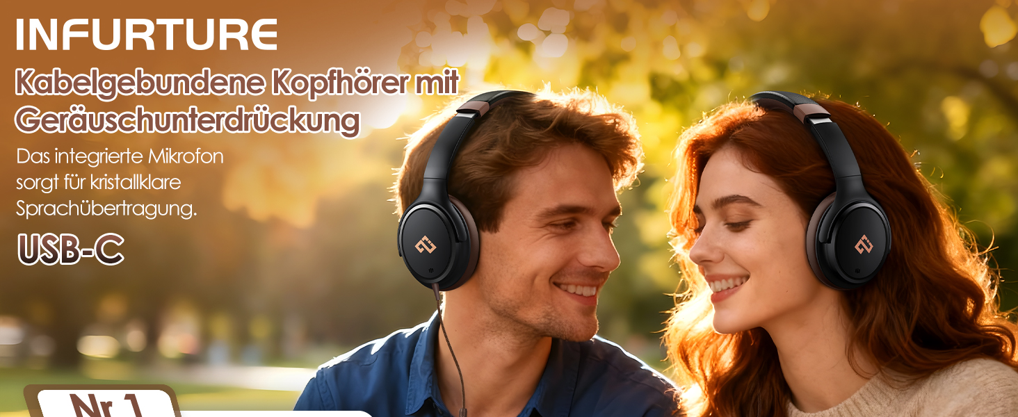 Накладні дротові навушники INFURTURE з USB-C та активним шумозаглушенням (Noise Cancelling), коричневі