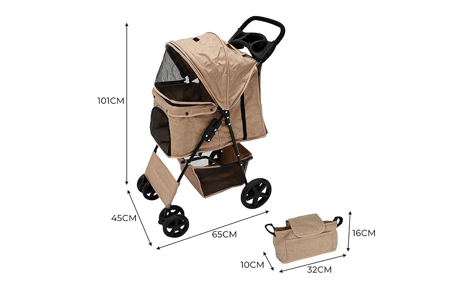 Візок для тварин Monster Shop з сумкою, знімний, складний, вантажопідйомність 15 кг, колеса, гальма, сітчасте вікно, кошик, тримач для напоїв, кишені та водовідштовхуючий дощовик (Бежевий)