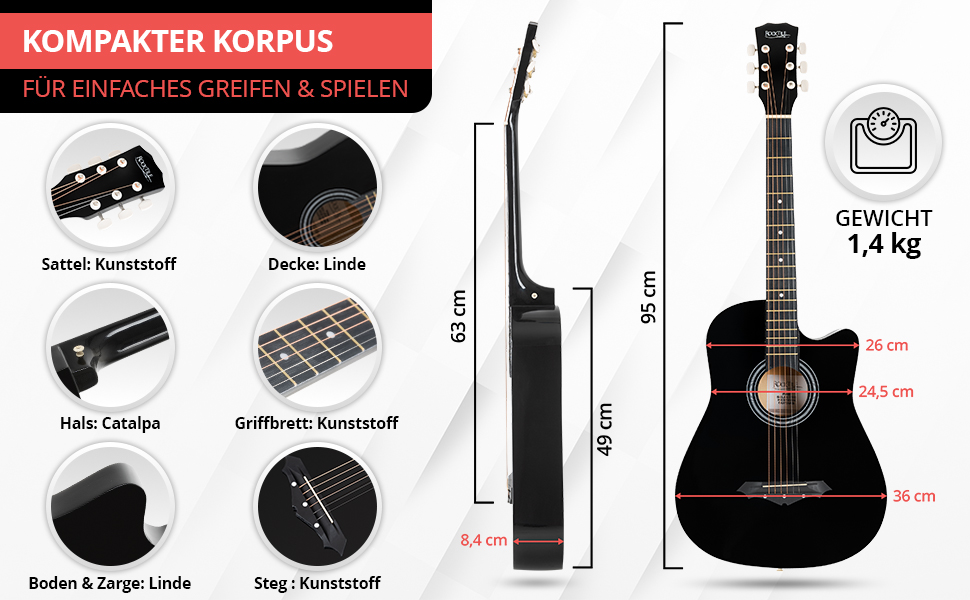 Rocktile WSD-5C-BK: Акустична гітара Western Slim Line - Комплект з чохлом, струнами, ременем та медіатором (Чорний)