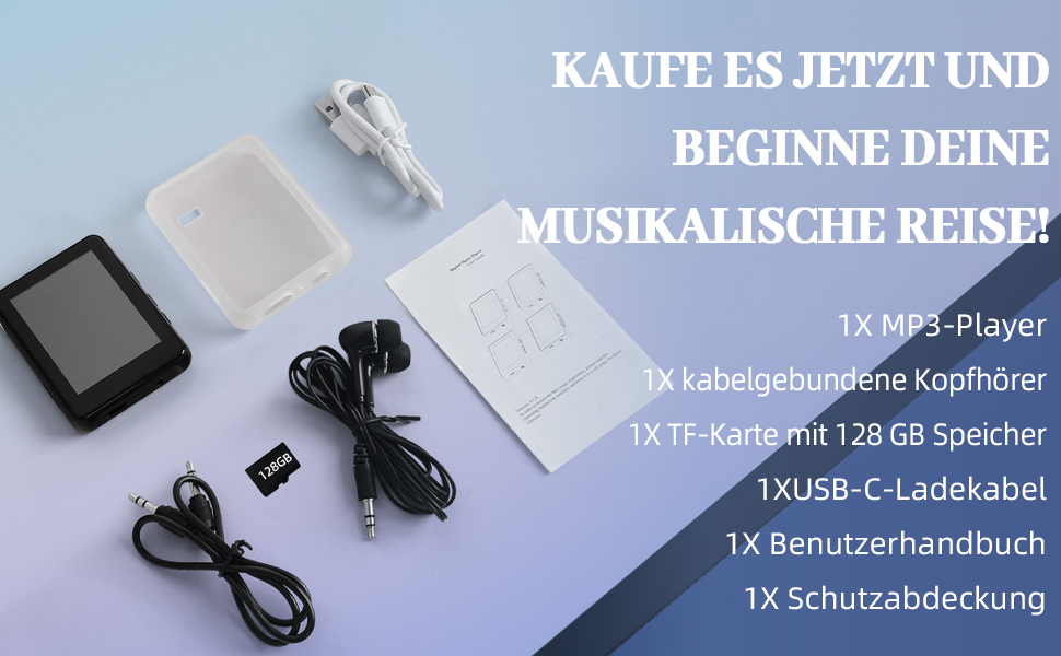 MP3-плеєр 128GB з Bluetooth, портативний музичний плеєр з динаміком, 2.4' Full Touch Screen, HiFi звук, FM радіо, записувач, кабельні навушники в комплекті, для бігу, фітнесу T5-MP3