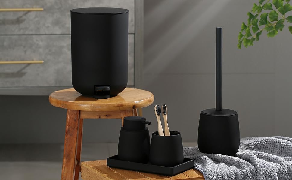 Набір для ванної кімнати AJEUNGAIN, сірий, сучасний, 5 предметів: відро для сміття, тримач для туалетного паперу, диспенсер для мила, стакан для зубних щіток, піднос