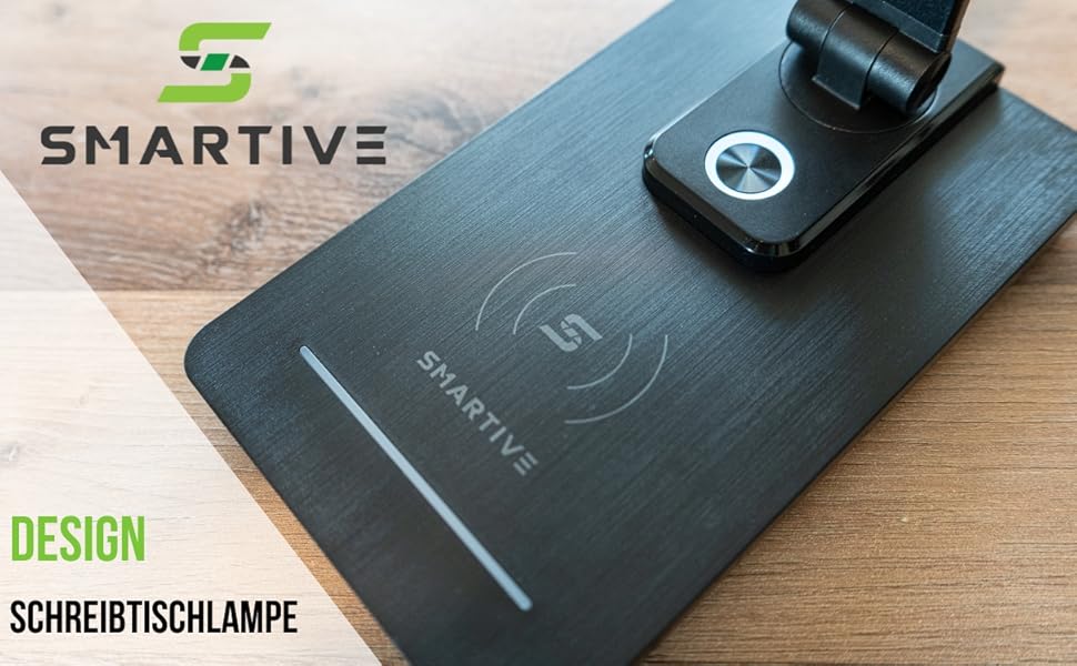 SMARTIVE LED лампа настільна з бездроговою зарядкою - офісна лампа з 10W бездротовою зарядкою, регульоване світло, USB вихід, чорний колір