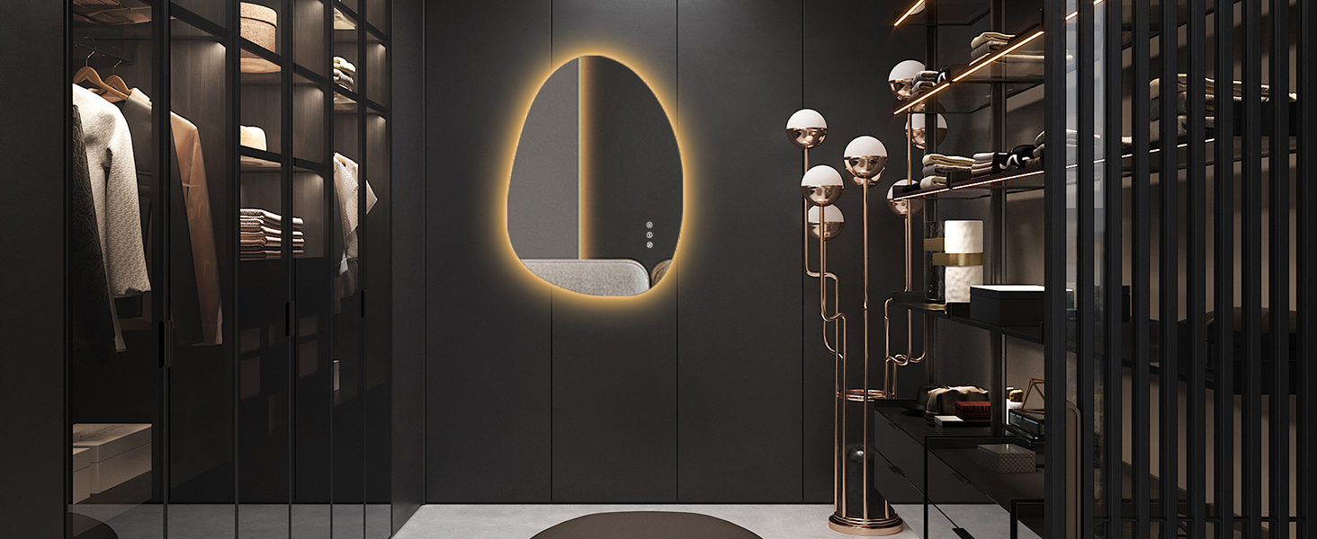 Дзеркало з підсвічуванням Asymmetrischer LED 75x55 см з сенсорним вимикачем – антизапар, 3 кольори світла, регулювання яскравості та функція пам'яті, чорний (горизонтальне/вертикальне), без рамки