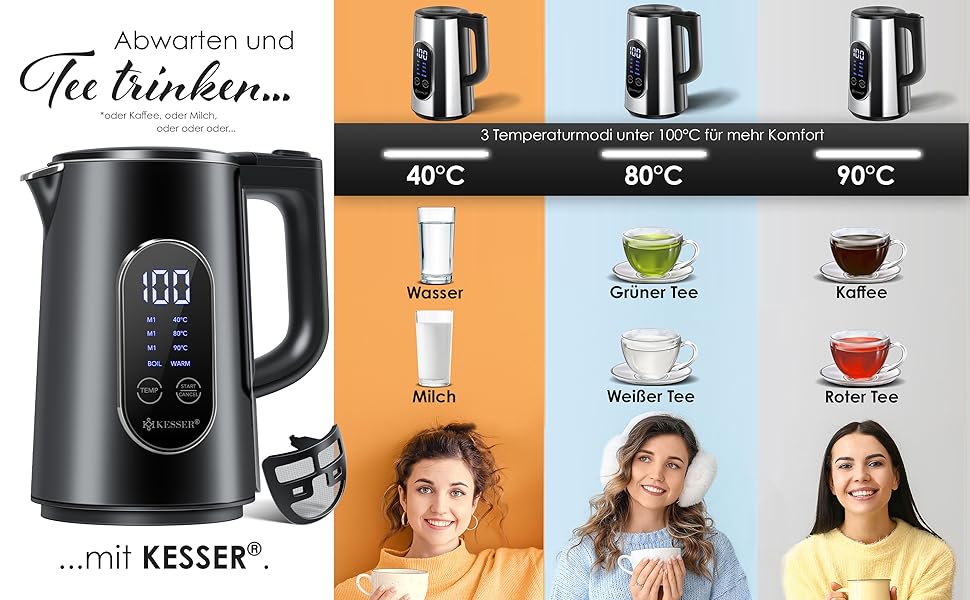 Електричний чайник KESSER 1.7 л, нержавіюча сталь, LED-дисплей, 4 температурні режими 40–100°C, підтримка тепла, 2200 Вт, BPA Free, фільтр від накипу, чорний