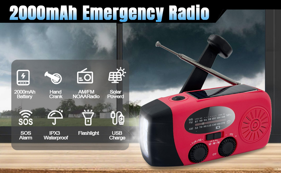 Сонячна радіостанція з ручним заводом 2000mAh, AM/FM/NOAA, USB-зарядка, заряд для телефону, SOS-сигнал, LED-ліхтарик для кемпінгу та походів (Червоний)