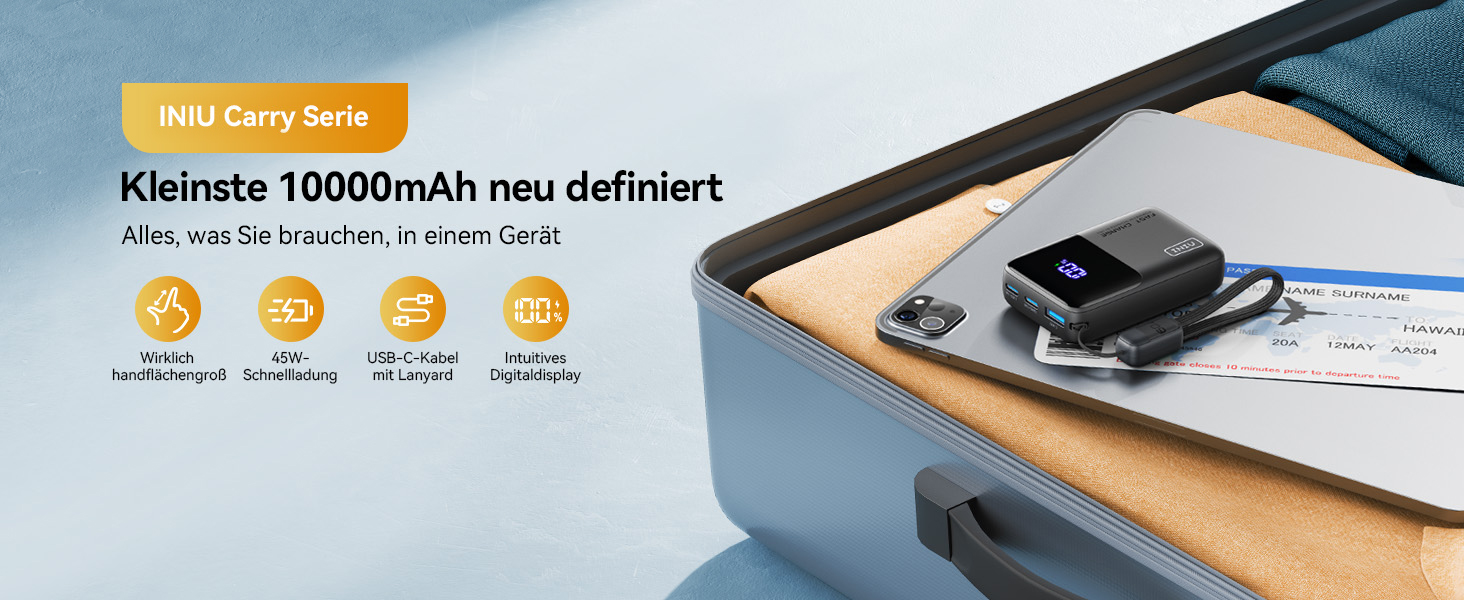 Портативний зарядний акумулятор INIU Power Bank 45W 10000mAh з USB-C кабелем, чорний. Підтримка iPhone, Samsung, MacBook, iPad та інших пристроїв.