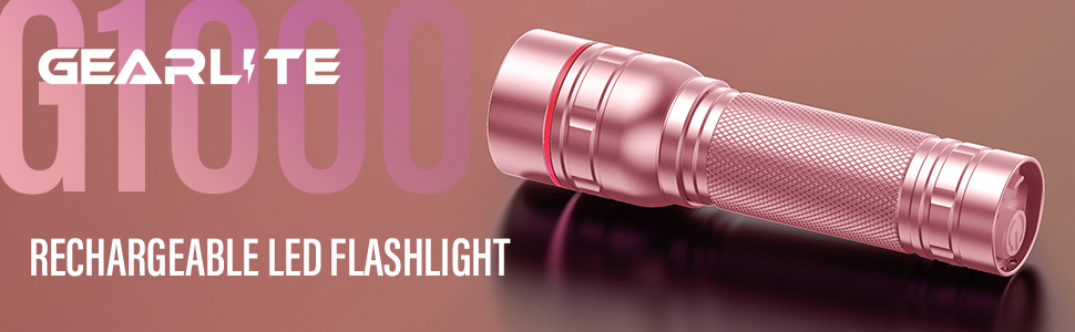 Ліхтар LED Gearlite перезарядна, 1000 люмен, 3 режими, зумування, водонепроникний IP65, для кемпінгу та активного відпочинку (Рожевий)