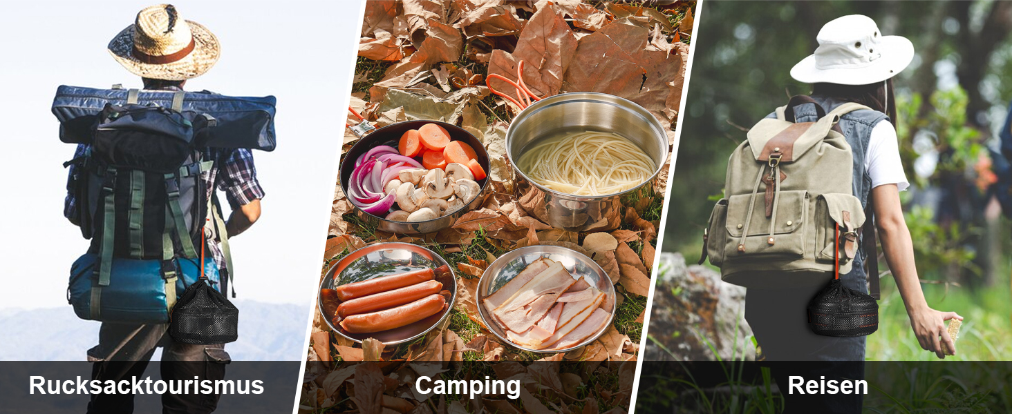 Набір посуду для кемпінгу Odoland: каструля, сковорода, тарілки, миски, столові прибори (15 предметів) з нержавіючої сталі з антипригарним покриттям. Ідеально для кемпінгу, пікніків, трекінгу та подорожей на 2 особи