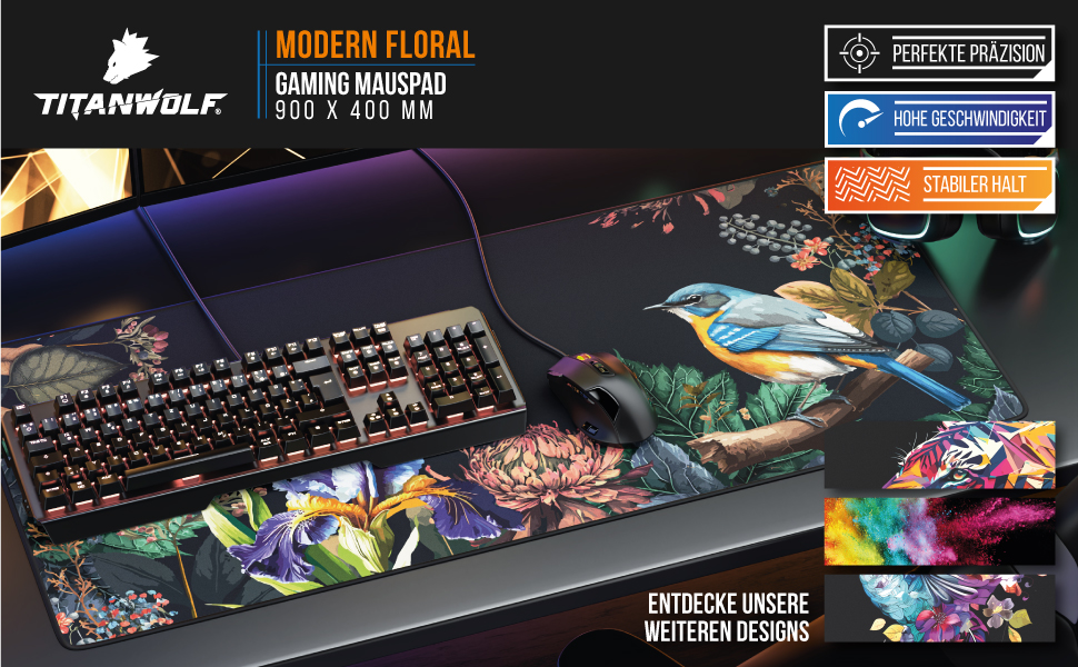 Ігровий килимок для миші CSL XXL Gaming Mousepad 900x400 мм, Alchemy (Modern Floral) — великий килимок на стіл для миші та клавіатури, сумісний з Razer, Logitech, Roccat