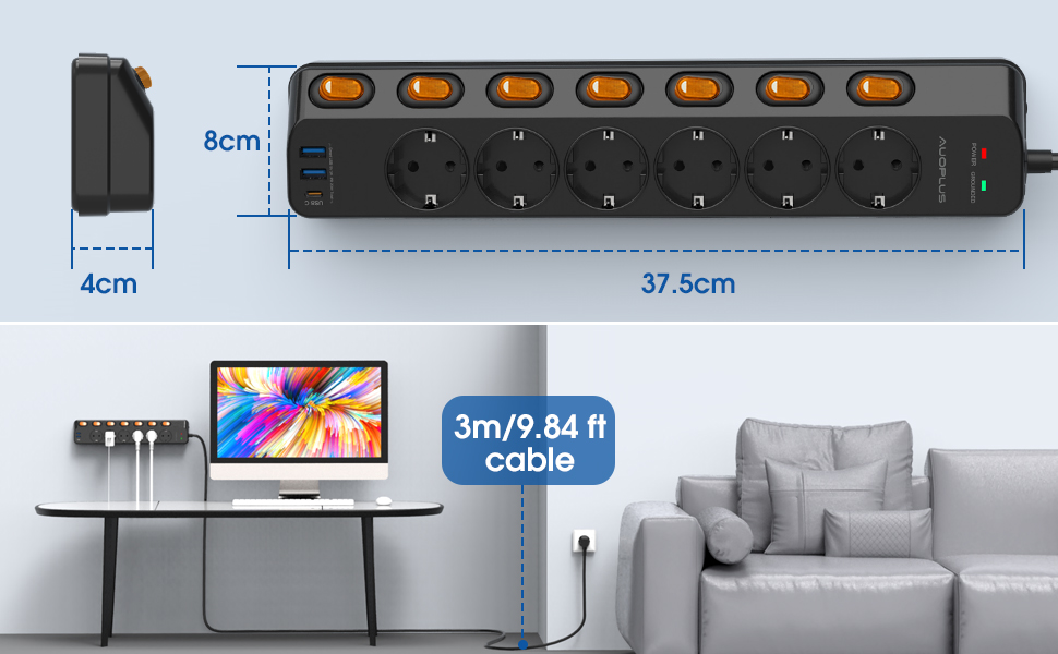 Мережевий фільтр 6-фазний з індивідуальним вимикачем, USB-C (PD 20W) та 2 USB-A, захист від перенапруги (3680W/16A), 3м кабель, чорний