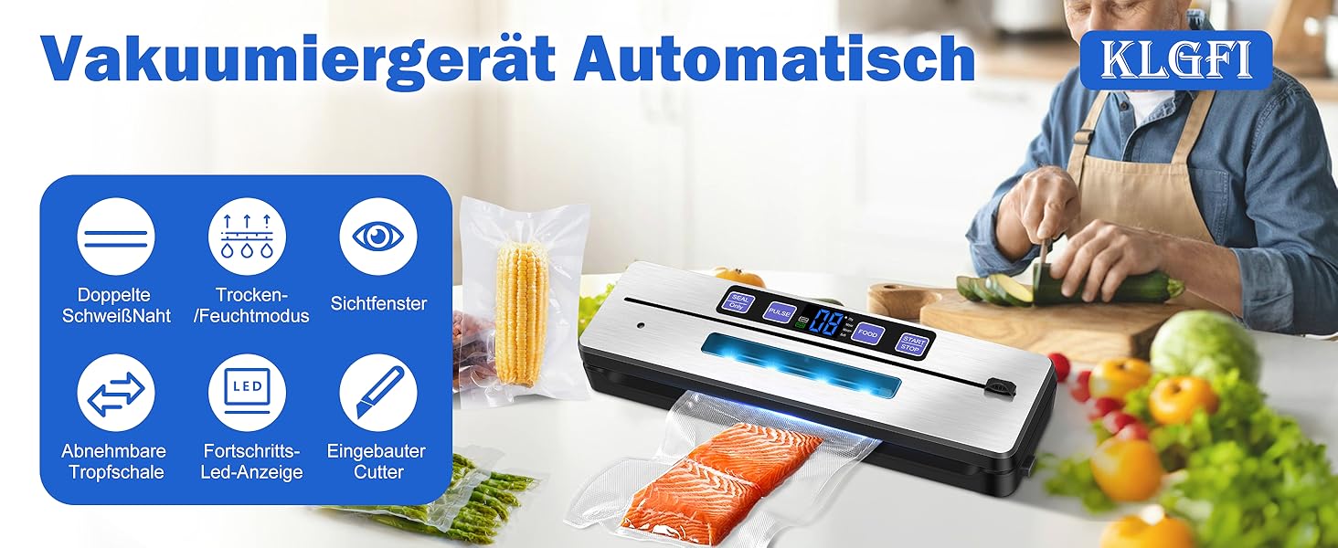 Вакуумний упаковник KLGFI 7-в-1: професійний, з подвійною зварювальною лінією, з різаком та цифровим таймером, комплект з 50 пакетами, срільно-чорний