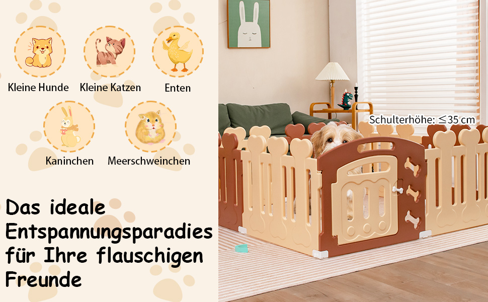 Вольєр для собак COSTWAY з 8 панелей, 60 см, з дверцятами, для дому та саду, HDPE пластик, бежевий + коричневий