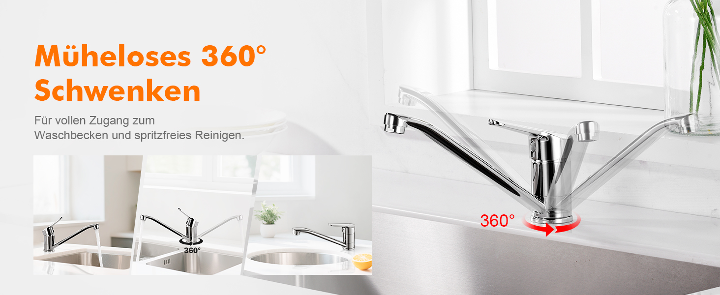 Змішувач для кухні Ibergrif M14450 з поворотним виливом 360°, керамічною картриджі та шлангами 40 см, хром/нержавіюча сталь