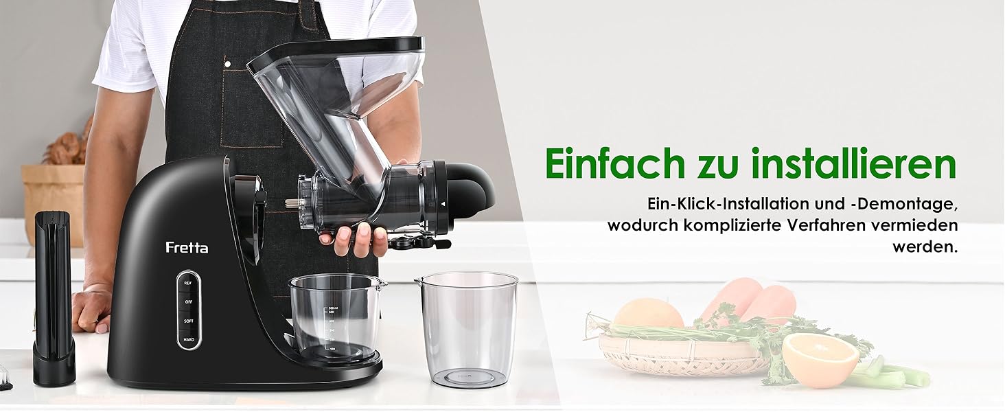 Фреш-прес Fretta Slow Juicer: холодний віджим, 200W, для овочів та фруктів, чорний