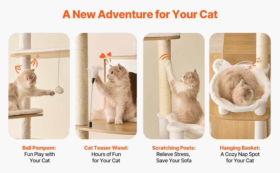 Дерево-подряпки VEVOR для котів, 600x600x1750 мм, багатоярусне, з гамаком та будиночком, з сизалю