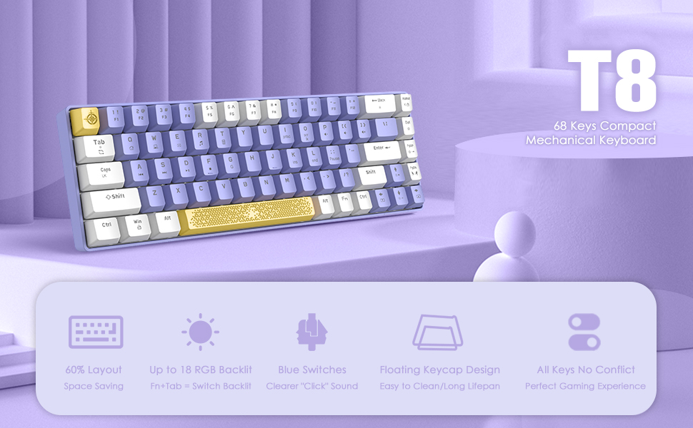 YINDIAO T8 Комплект ігрової клавіатури та миші RGB 60%, Механічна клавіатура TKL 68 клавіш, Миша з сотовою структурою, до 6400DPI, для PC PS5, Темно-сірий (Синій перемикач)