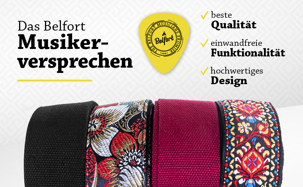 Гітарний ремінь Belfort® для електрогітари, акустичної гітари, бас-гітари та укулеле - для дорослих та дітей. З мікрофібри + E-BOOK