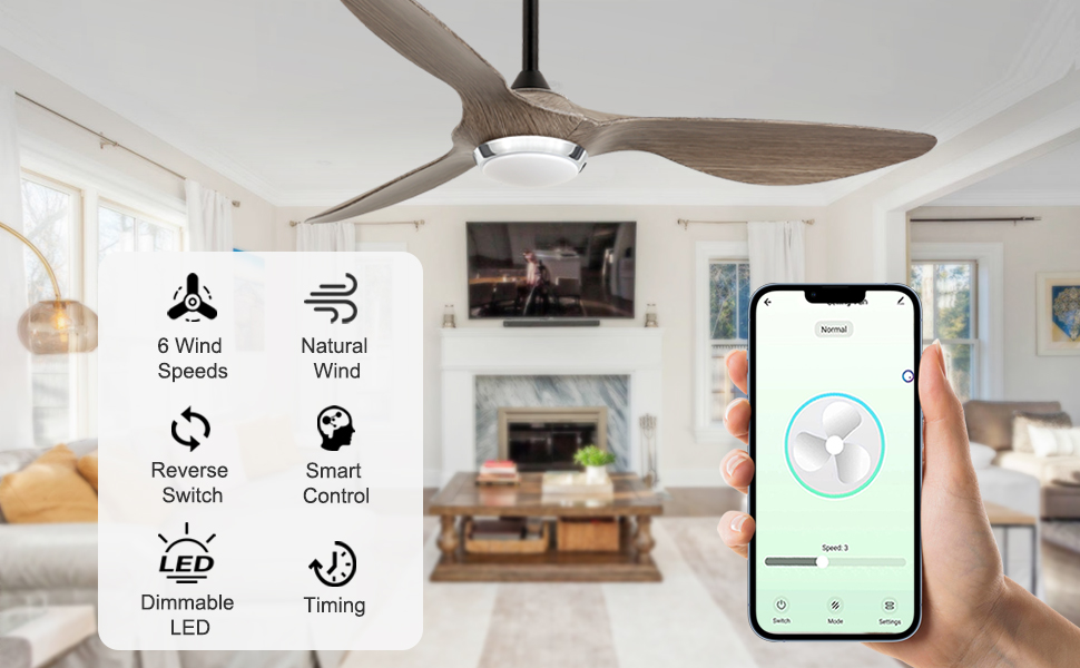 Стеляний вентилятор Reiga з підсвічуванням та пультом дистанційного керування, 132 см, тихий реверсивний двигун, 6 швидкостей, таймер, регульована яскравість та 3 колірні температури, коричневі лопаті (сірі та чорні лопаті)