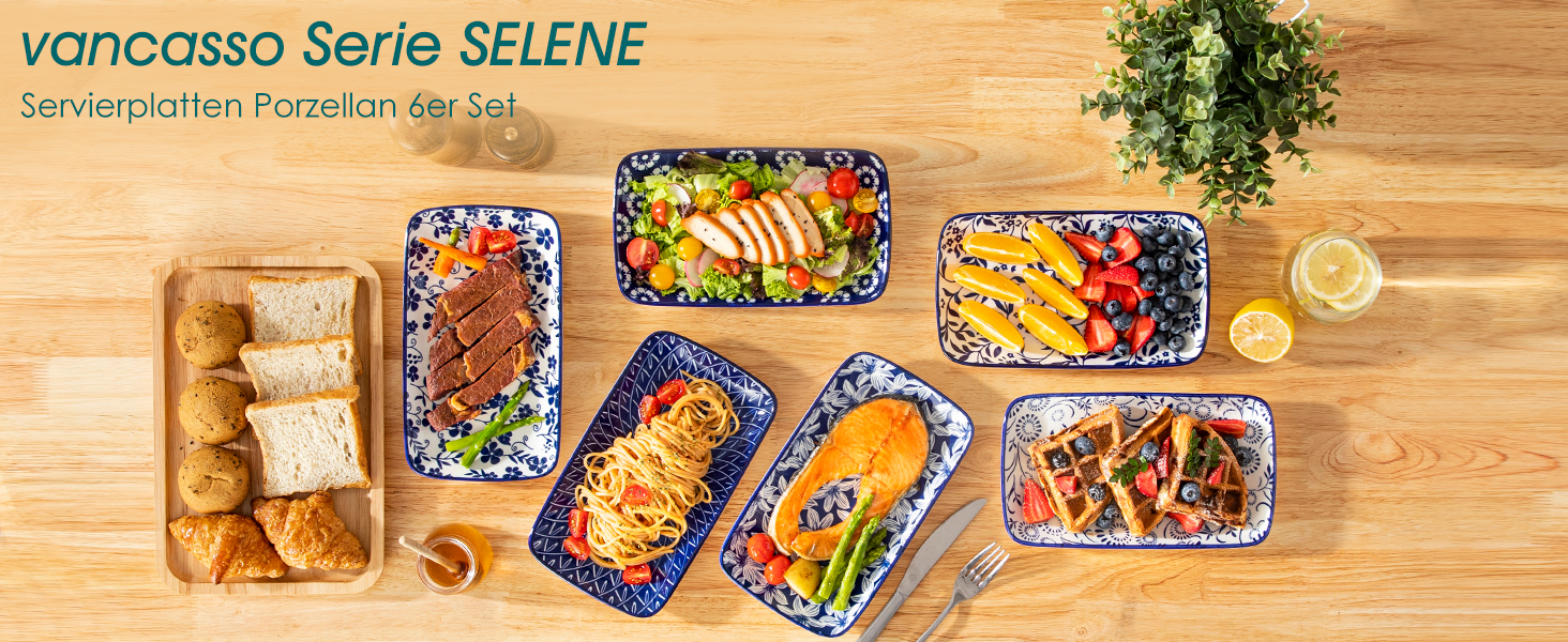 Набір сервірувальних тарілок Vancasso SELENE (6 шт.) - великі, прямокутні, порцелянові, для свят, сніданків, фуршетів, сирної тарілки, мікрохвильова піч та посудомийна машина, блакитно-білі