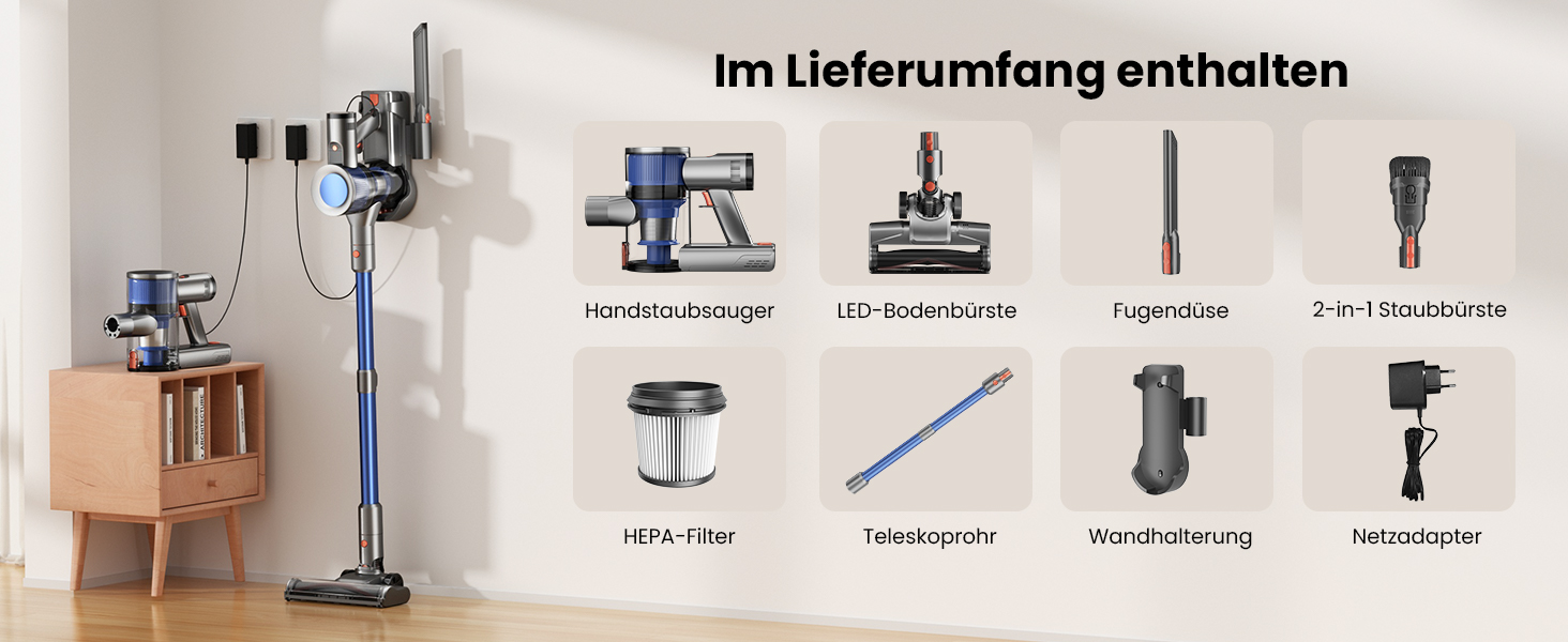 Бездротовий пилосос Dzaki 45000Pa з акумулятором, дисплеєм та антизаплутувальною насадкою для килимів, твердих підлог та шерсті тварин