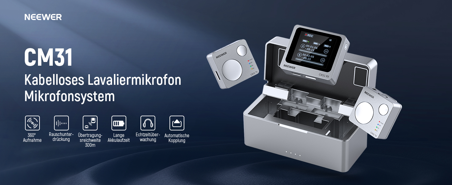 NEEWER Міні бездротове мікрофону, комплект 1RX+2TX+зарядний кейс, 150м радіус дії, для iPhone, iPad, Android, DJI, Insta360, PC, Mac