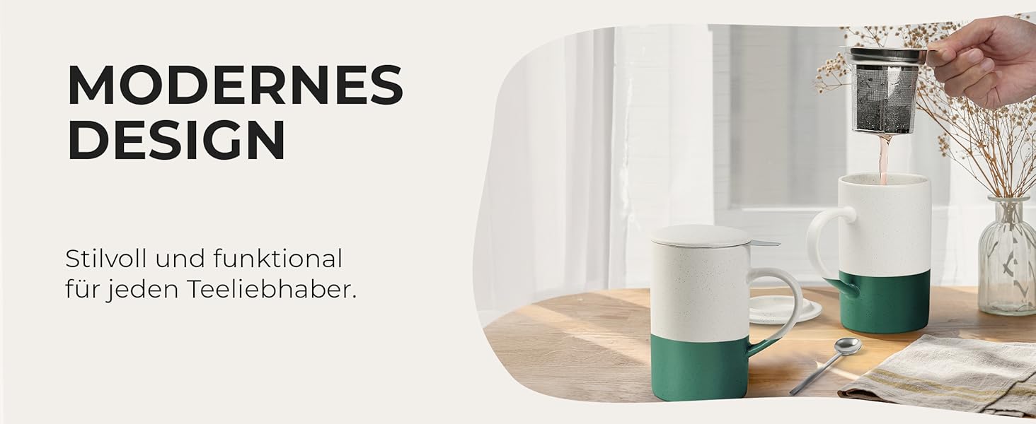 Набір чашок для чаю Miamio 2 шт по 500 мл з кришкою та ситом, керамічні чайники з чайним ситом та ложкою для заварювання листового чаю, подарунок для жінок, безпечні для мікрохвильової печі та посудомийної машини (Темно-зелений)