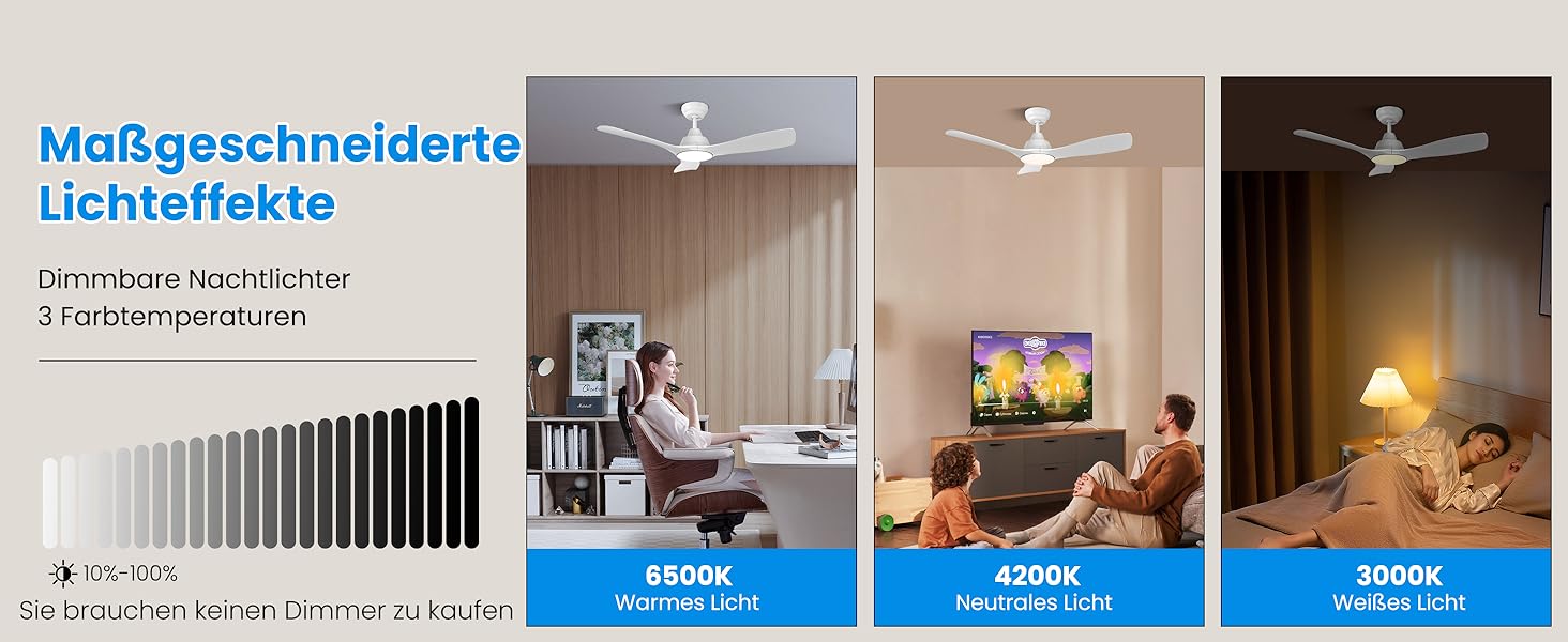 Стеляний вентилятор CJOY з підсвіткою, 107 см, з пультом керування, DC, тихий, з функцією реверсу, пам'ять 3CCT, диммування, 6 швидкостей, таймер для спальні, білий