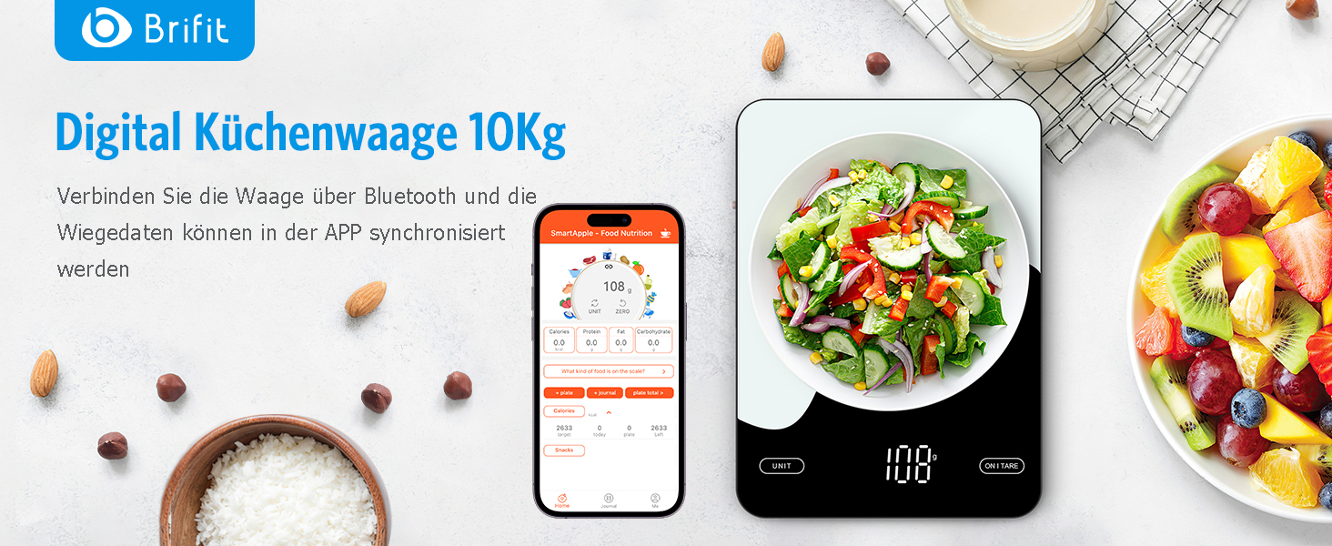 Brifit Kitchen Scale with App - 10kg/1g Digital Food Scale with Calorie Counter, LED Display, Tare Function, USB Rechargeable