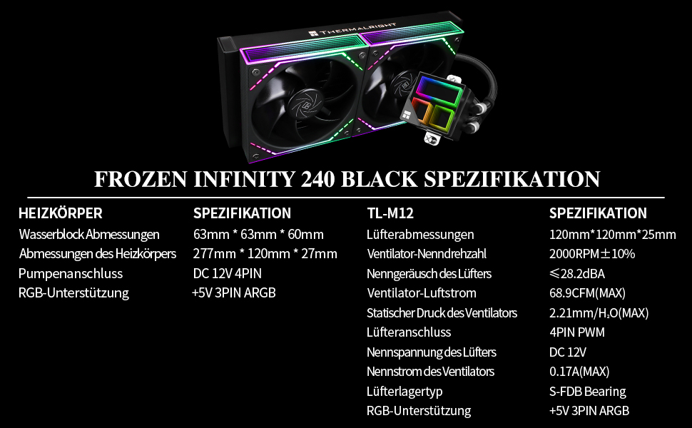 Система водяного охолодження CPU Thermalright Frozen Infinity 240 BLACK з трьома вентиляторами PWM (2000 об/хв) для AM4/AM5, Intel LGA115X/2011/1700/1851