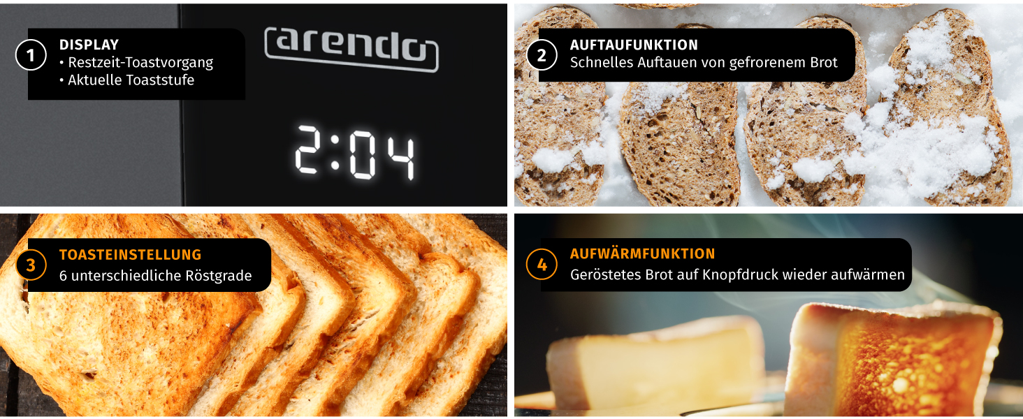 Тостер Arendo з нержавіючої сталі, 2 відділення, сенсорний екран, подвійні стінки, 800 Вт, підставка для тостів, 6 рівнів підсмажування, центрування хліба, індикатор часу, функція пам'яті (Колір: Cool Grey)